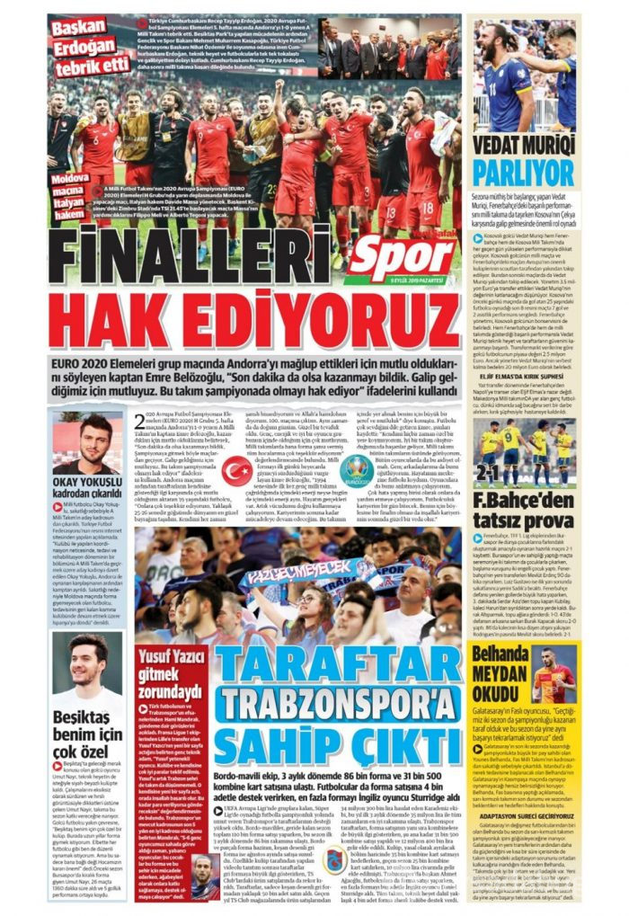 Günün spor manşetleri (09 Eylül 2019)