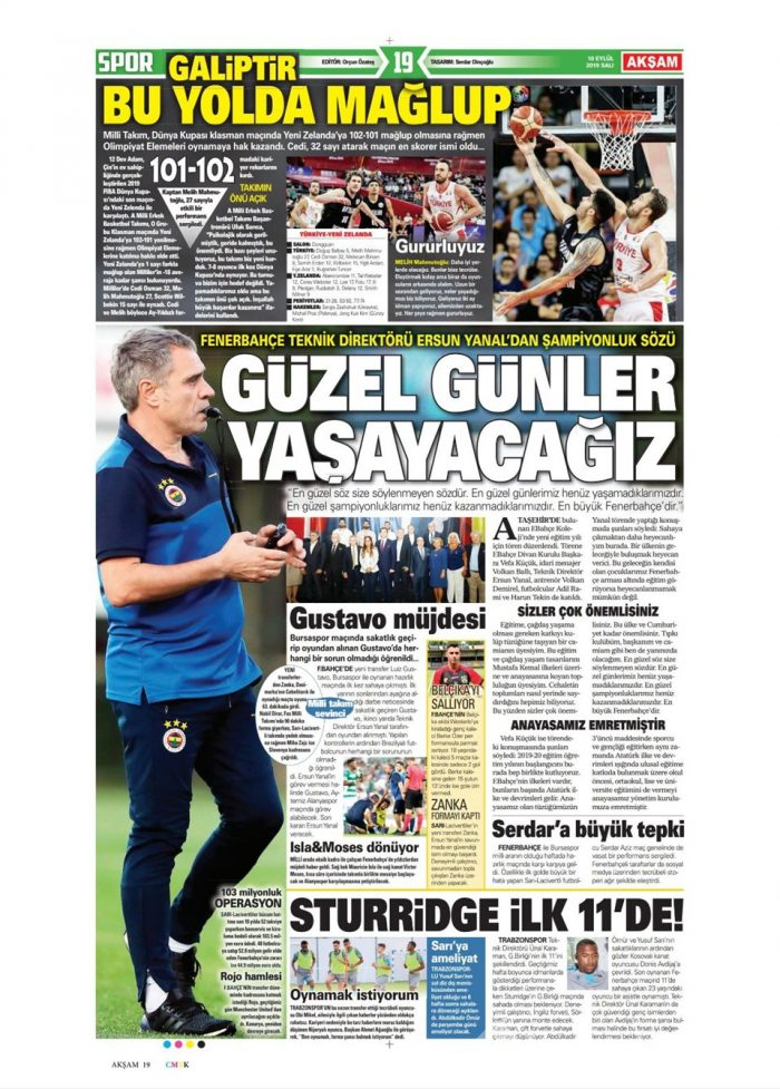Günün spor manşetleri (10 Eylül 2019)