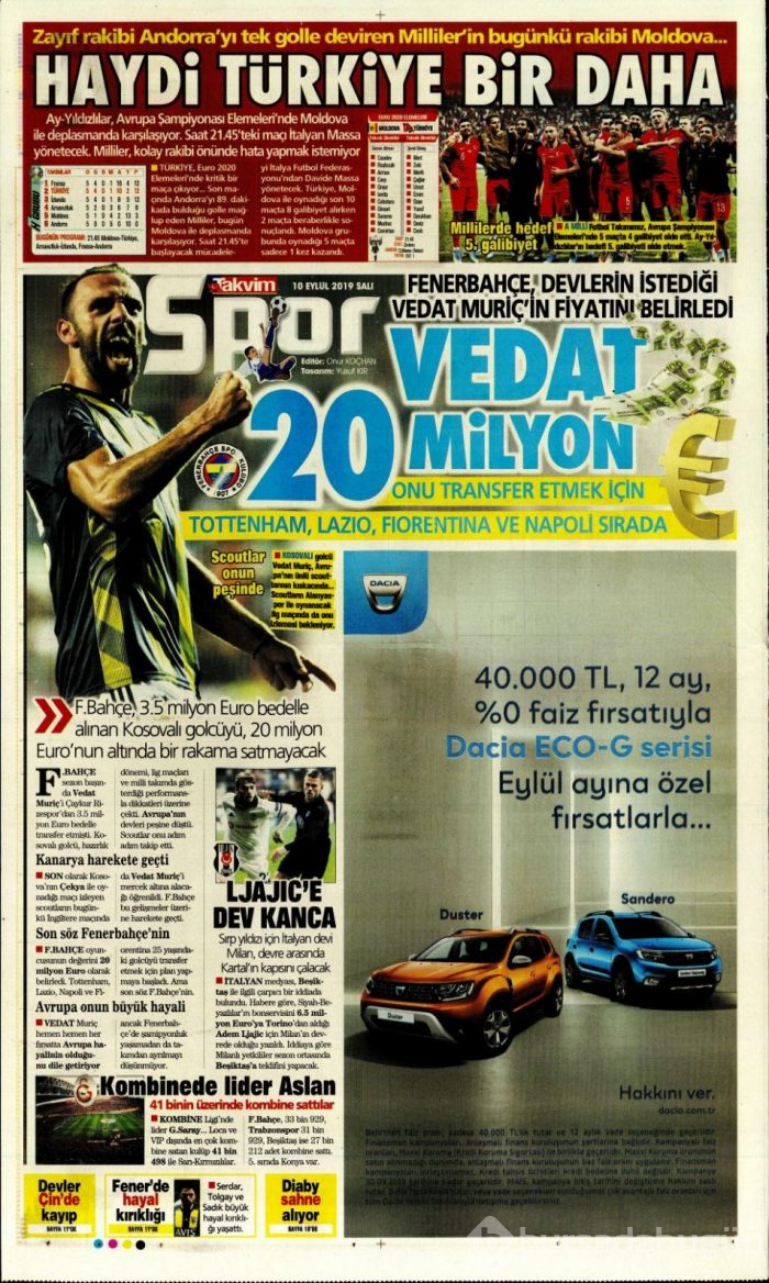 Günün spor manşetleri (10 Eylül 2019)
