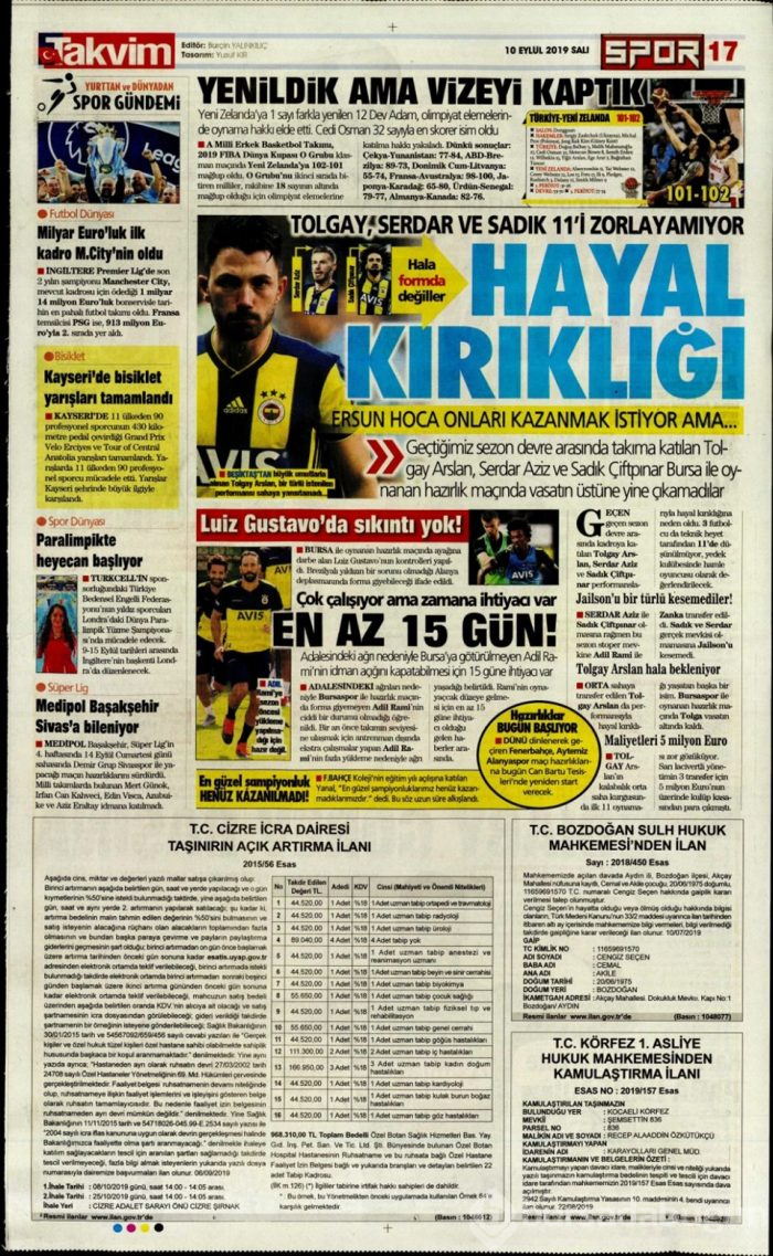 Günün spor manşetleri (10 Eylül 2019)