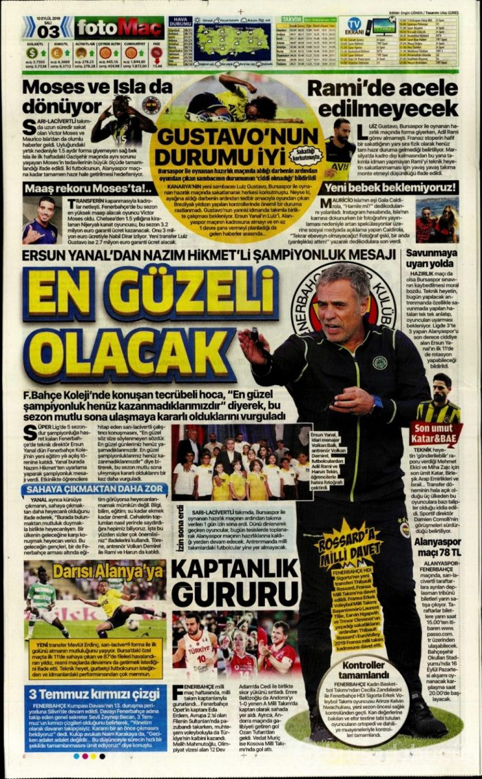Günün spor manşetleri (10 Eylül 2019)