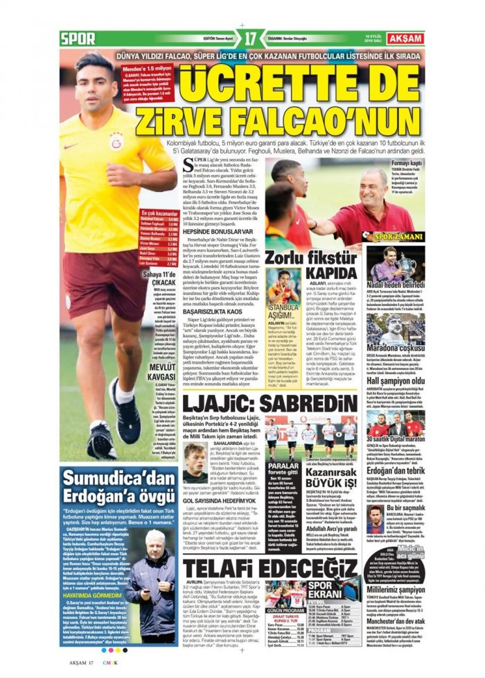 Günün spor manşetleri (10 Eylül 2019)
