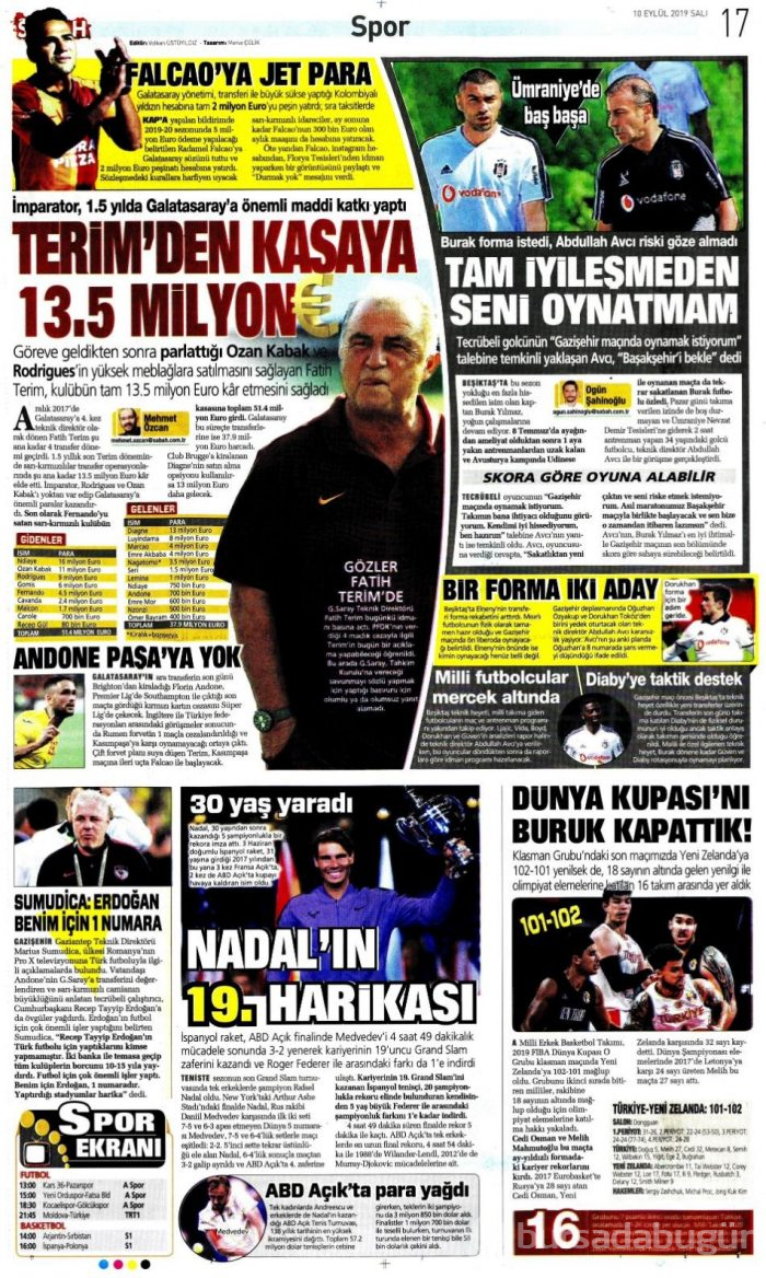 Günün spor manşetleri (10 Eylül 2019)