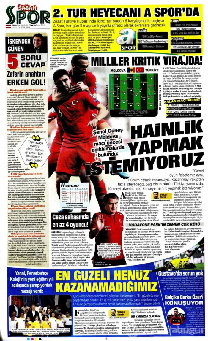 Günün spor manşetleri (10 Eylül 2019)
