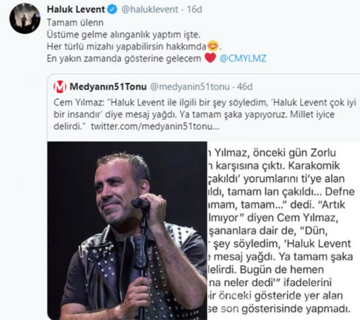 Cem Yılmaz, Haluk Levent ile ilgili açıklamada bulundu