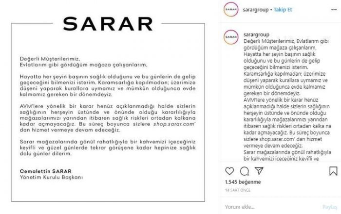 Salgın sebebiyle geçici süreliğine kepenk indiren duyuran firmalar