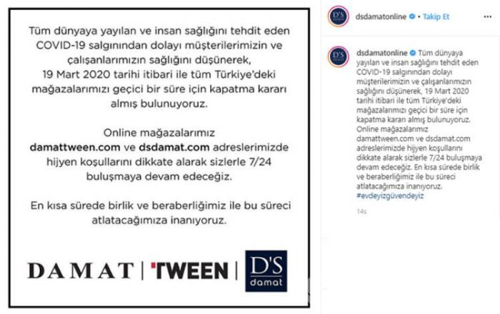 Salgın sebebiyle geçici süreliğine kepenk indiren duyuran firmalar
