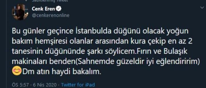 Cenk Eren'den sağlık personeline jest geldi