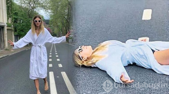 İspanyol model Elisabeth Mas bornozuyla caddenin ortasına yattı