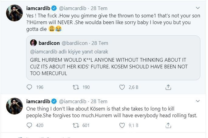 Cardi B'den Kösem Sultan yorumu: Düşmanlarını öldürmesi zaman alıyor