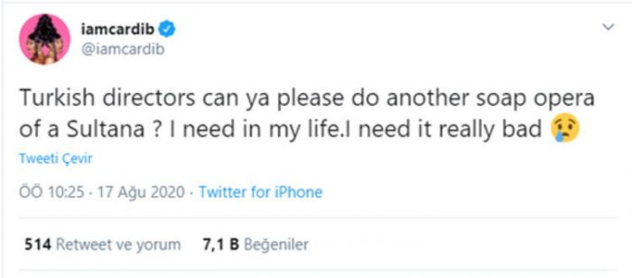 Muhteşem Yüzyıl hayranı Cardi B. Türk yönetmenlere seslendi: Lütfen çok ihtiyacım var!