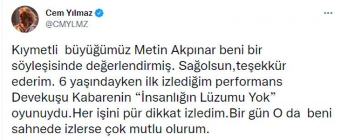 Cem Yılmaz'dan Metin Akpınar'ın 'Aktör kumaşı zayıf' sözlerine yanıt!
