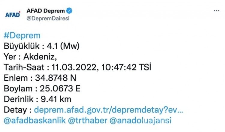 Akdeniz'de korkutan 4.1 deprem!