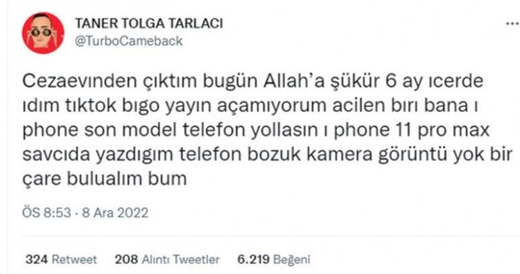 Cezaevinden çıkan Taner Tolga Tarlacı'nın ilk tweeti...
