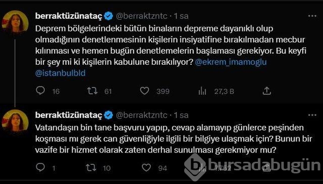 Berrak Tüzünataç Ekrem İmamoğlu'na seslendi