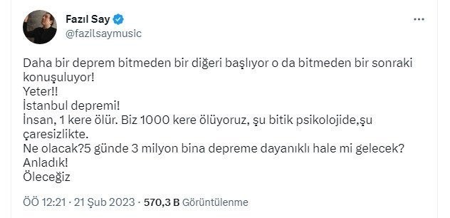 Fazıl Say, İstanbul depremi açıklamalarına tepki gösterdi

