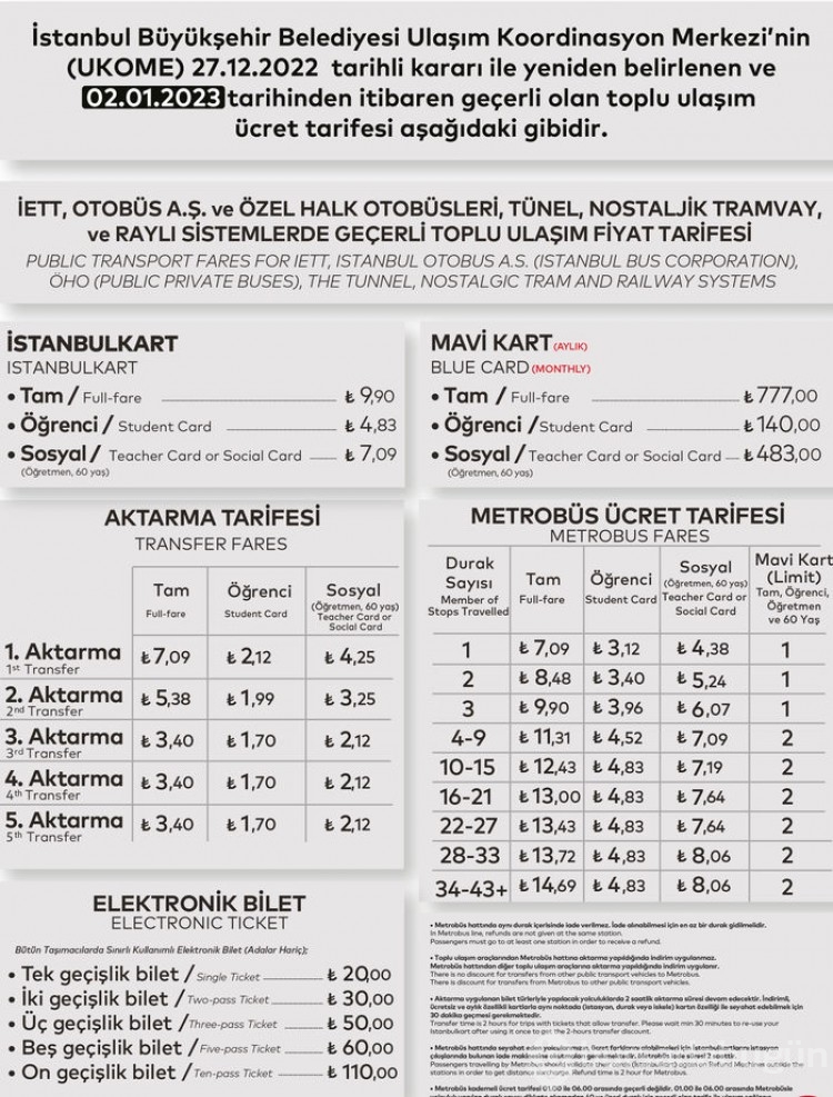 İstanbul Toplu Taşıma Ücretleri