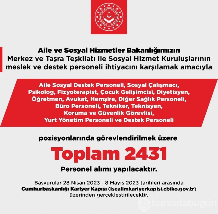 2023 Aile ve Sosyal Hizmetler Bakanlığı personel alımı başvuruları ne zaman?