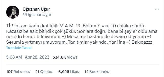 Oğuzhan Uğur TİP ile yaptığı yayın sonrası hastaneden paylaşım yaptı!