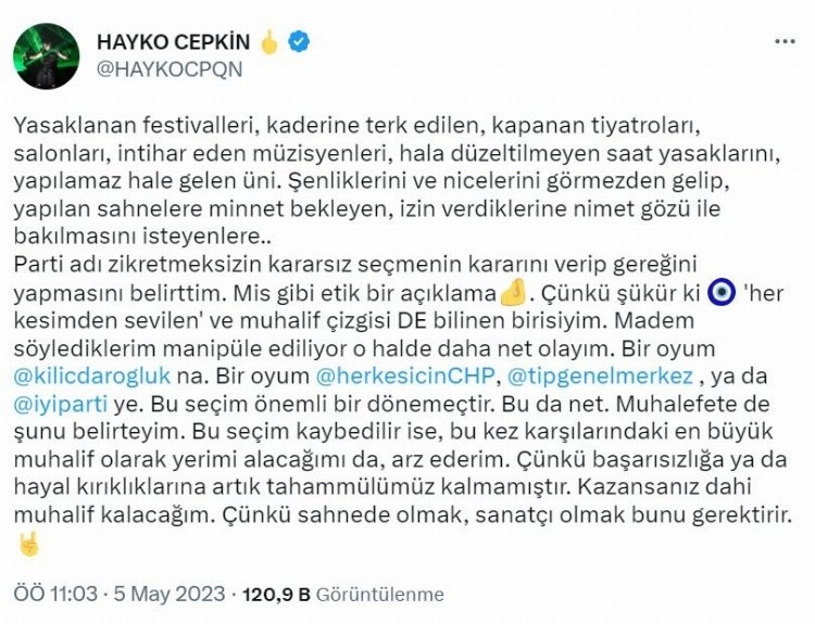 Hayko Cepkin kime oy vereceğini açıkladı
