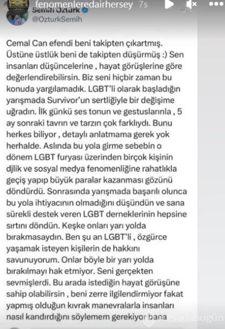 Semih Öztürk, Cemal Can Canseven kendisini takipten çıkarınca sert çıktı!