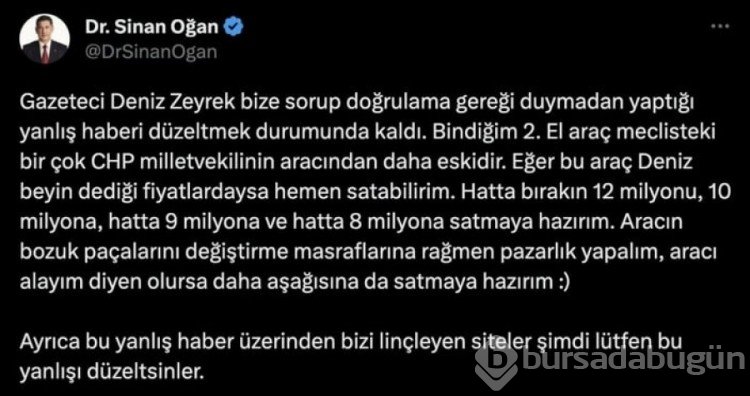 Sinan Oğan aracının fiyatıyla ilgili sessizliğini bozdu