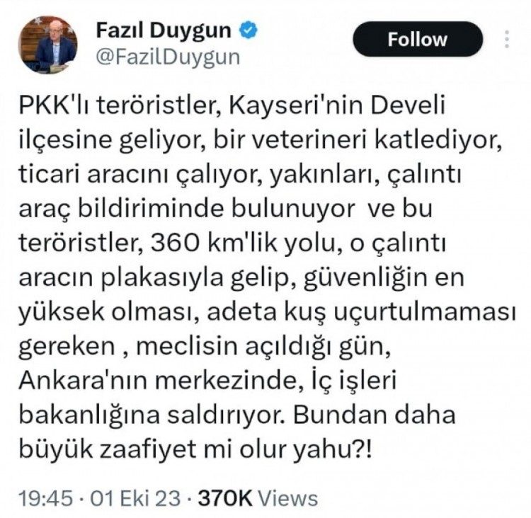 Ankara'daki saldırı girişiminin ardından Bakan Yerlikaya'la ilgili açıklama yapan gazeteci gözaltına alındı