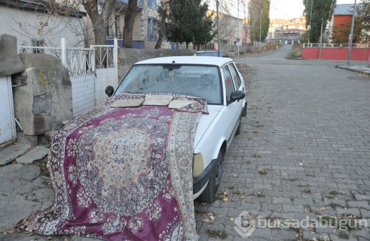 Soğuktan hem kendilerini hem arabalarını korumaya çalışıyorlar