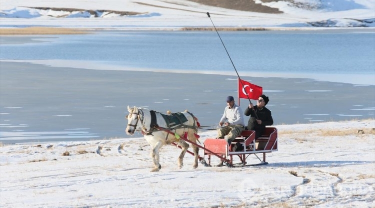 Çıldır Gölü yüzeyinin bir bölümü soğuk havanın etkisiyle dondu
