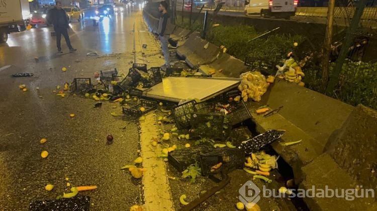 Kadıköy'de, bariyerlere çarpan kamyonette bulunan meyveler yola saçıldı