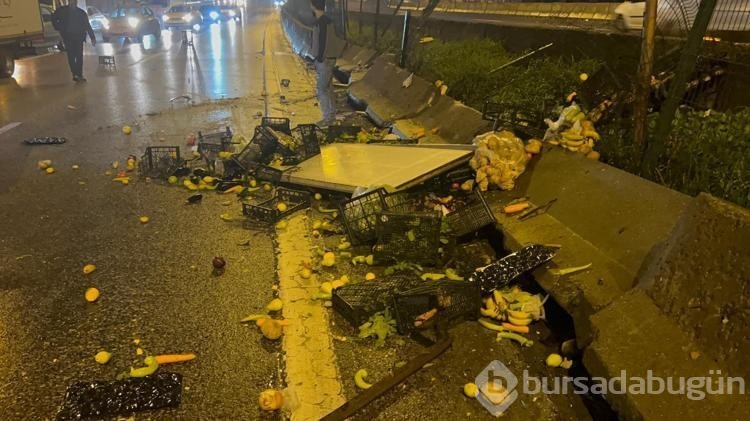 Kadıköy'de, bariyerlere çarpan kamyonette bulunan meyveler yola saçıldı