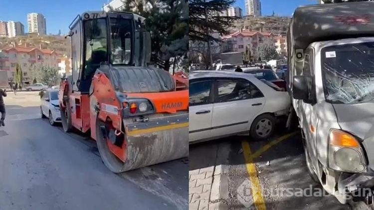 Yokuşta kayan yol silindiri, 7 araca çarptı
