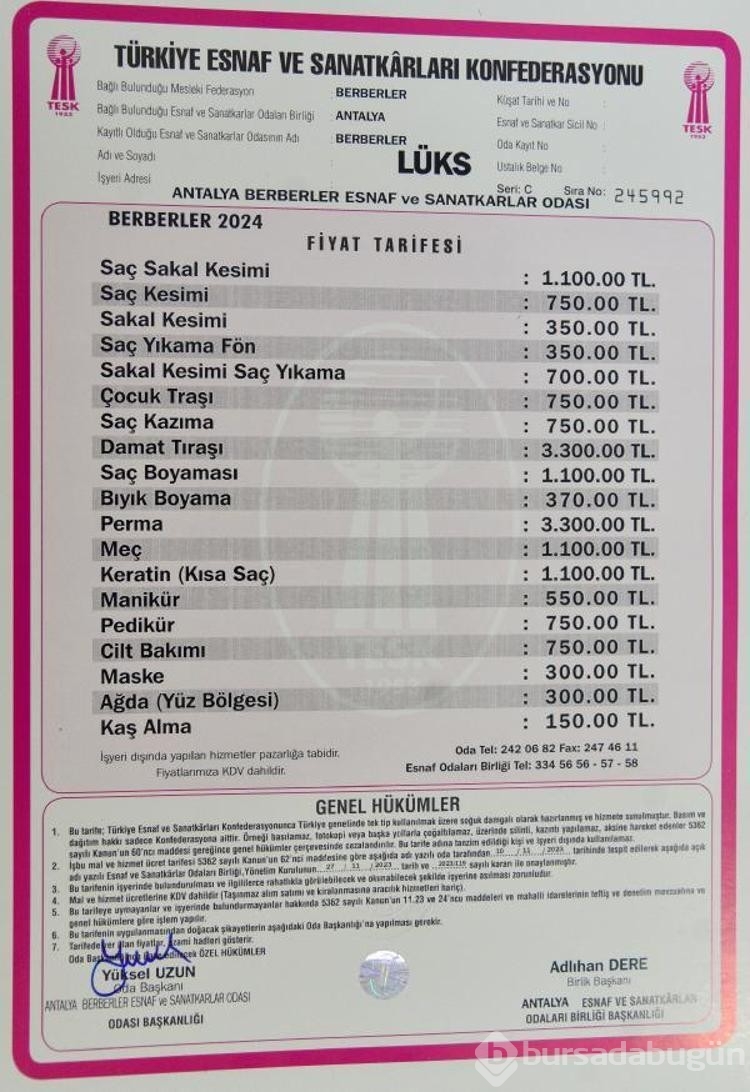 Antalya'da 'Lüks' tarifede tıraş 1100 lira
