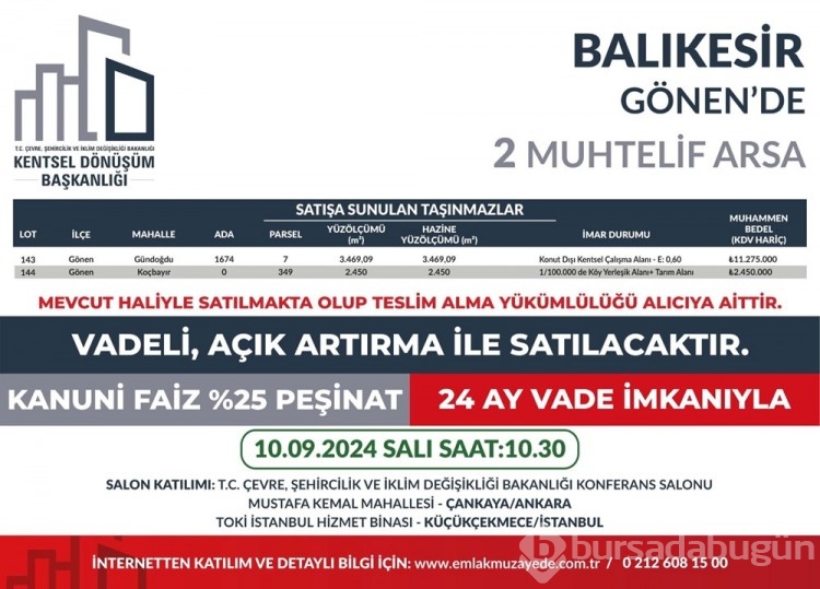 53 ilde 747 arsa bugün satışa çıkıyor: Bursa'da kaç arsa satışa çıktı?