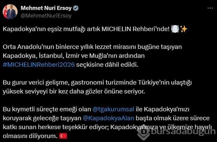 Bakan Ersoy:'' Kapadokya'nın eşsiz mutfağı artık Mıchhelın Rehberi'nde