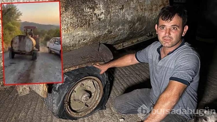 Yangın bölgesine patlak lastikle su taşıdı