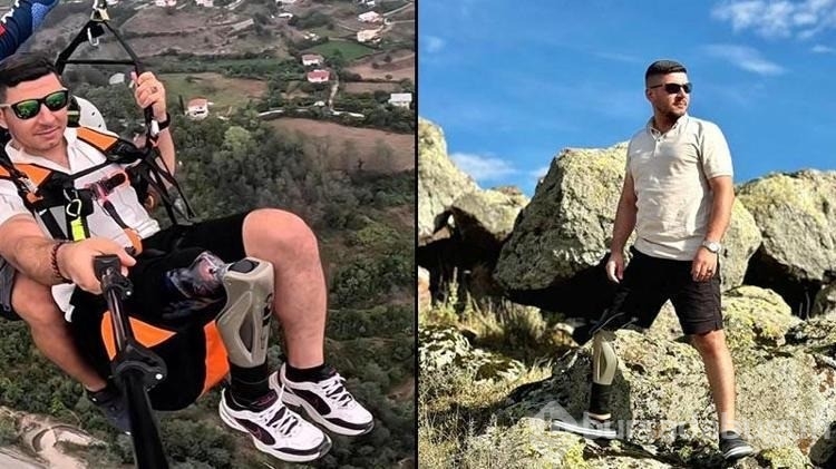Protez bacaklı gazi yamaç paraşütü yapıyor, zeybek oynuyor