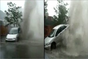 Fışkıran kanal suyu aracı havaya b&ouml;yle fırlattı!