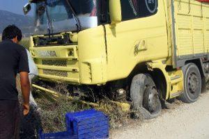 Lastiği patlayan TIR tarlaya girdi