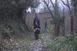 Hasta eşini el arabasıyla taşıyor