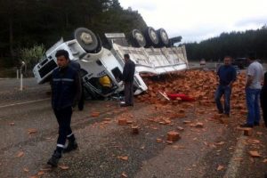 Tuğla y&uuml;kl&uuml; kamyon devrildi: 1 yaralı