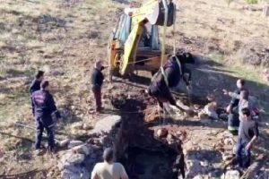 &Ccedil;ukura d&uuml;şen inek iş makinesiyle kurtarıldı