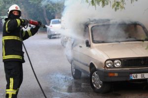 Park halindeki otomobil alev topuna d&ouml;nd&uuml;