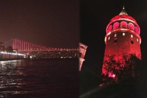 Şehitler K&ouml;pr&uuml;s&uuml; ve Galata Kulesi kırmızı-beyaza b&uuml;r&uuml;nd&uuml;