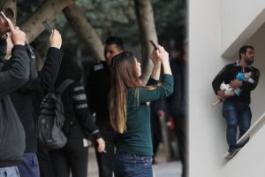 &Ccedil;ocuğuyla intihara kalkıştı: Vatandaşlar kameraya &ccedil;ekti