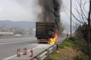 TIR'ın lastikleri yandı