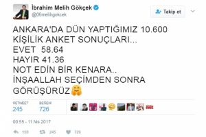 G&ouml;k&ccedil;ek son referandum anketini a&ccedil;ıkladı