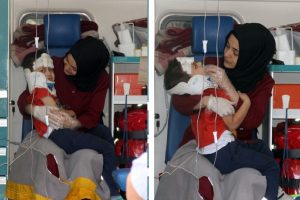 Sağlık g&ouml;revlisinden yaralı &ccedil;ocuğa anne şefkati