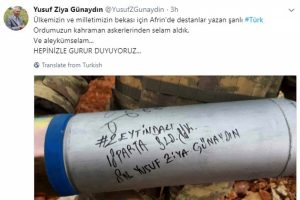 Ob&uuml;s mermisiyle 'Afrin' selamlaşması