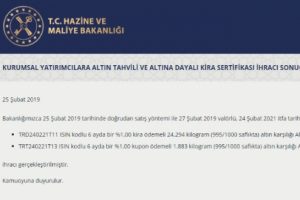 Altın tahvili ve altına dayalı kira sertifikası ihracı yapıldı